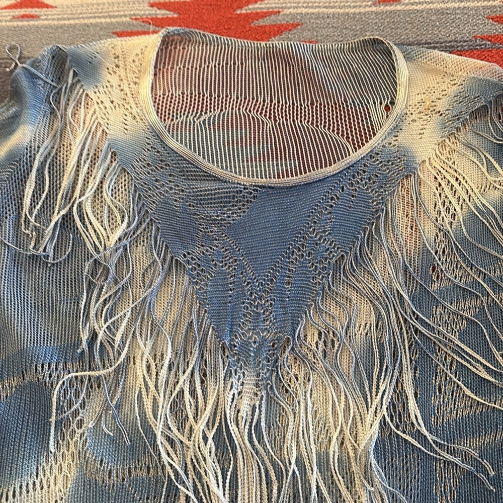 Boutique Blue and White Asymmetrical Fringe Open Knit Tunic Top Size XS - Picture 6 of 6